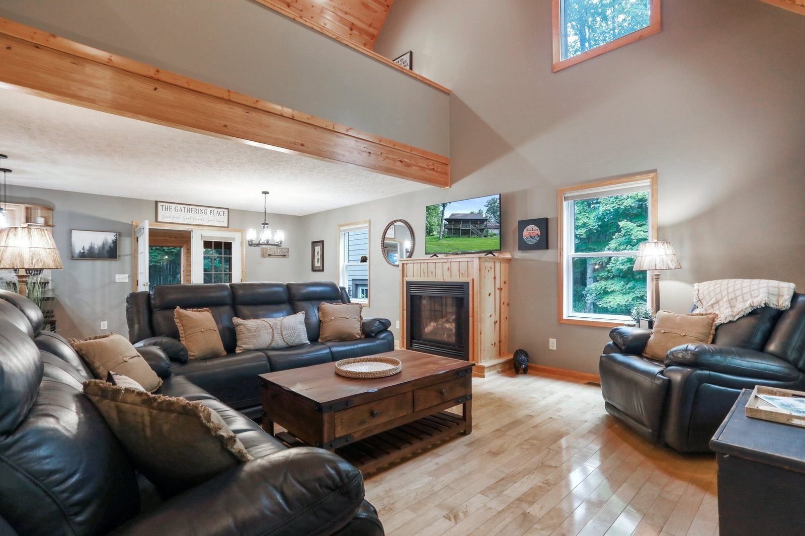 The two-storey family room with gas fireplace